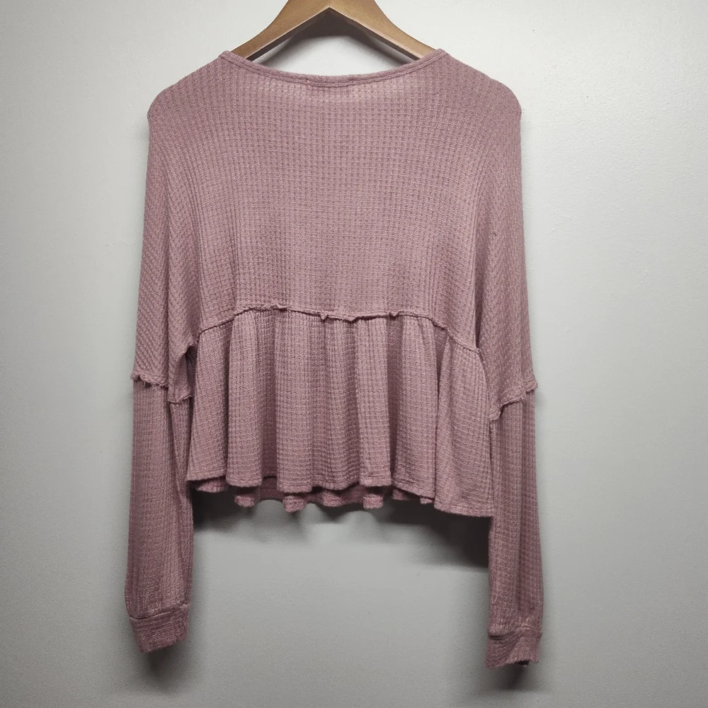 Altar'd State Crop Top Women Size S Pink Waffle Knit Long Sleeve Ruffle